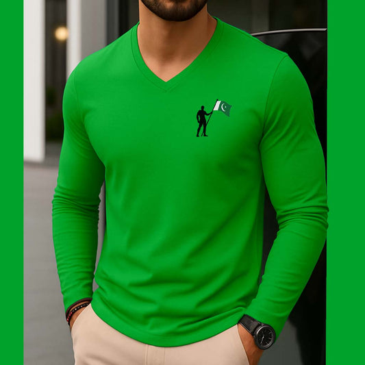 Green CT Logo Printed V-Neck Full Sleeve Azadi Tshirt.