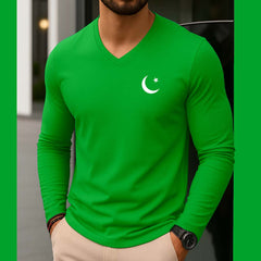 Green CT Logo Printed V-Neck Full Sleeve Azadi Tshirt.