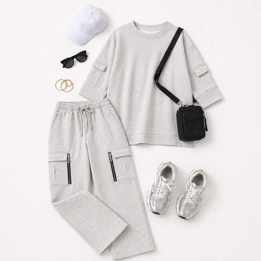 Drop-Shoulder 6-Pocket Cargo Zipper Style Western 2-Pcs Summer Tracksuit For Her. WSTS-07 V2