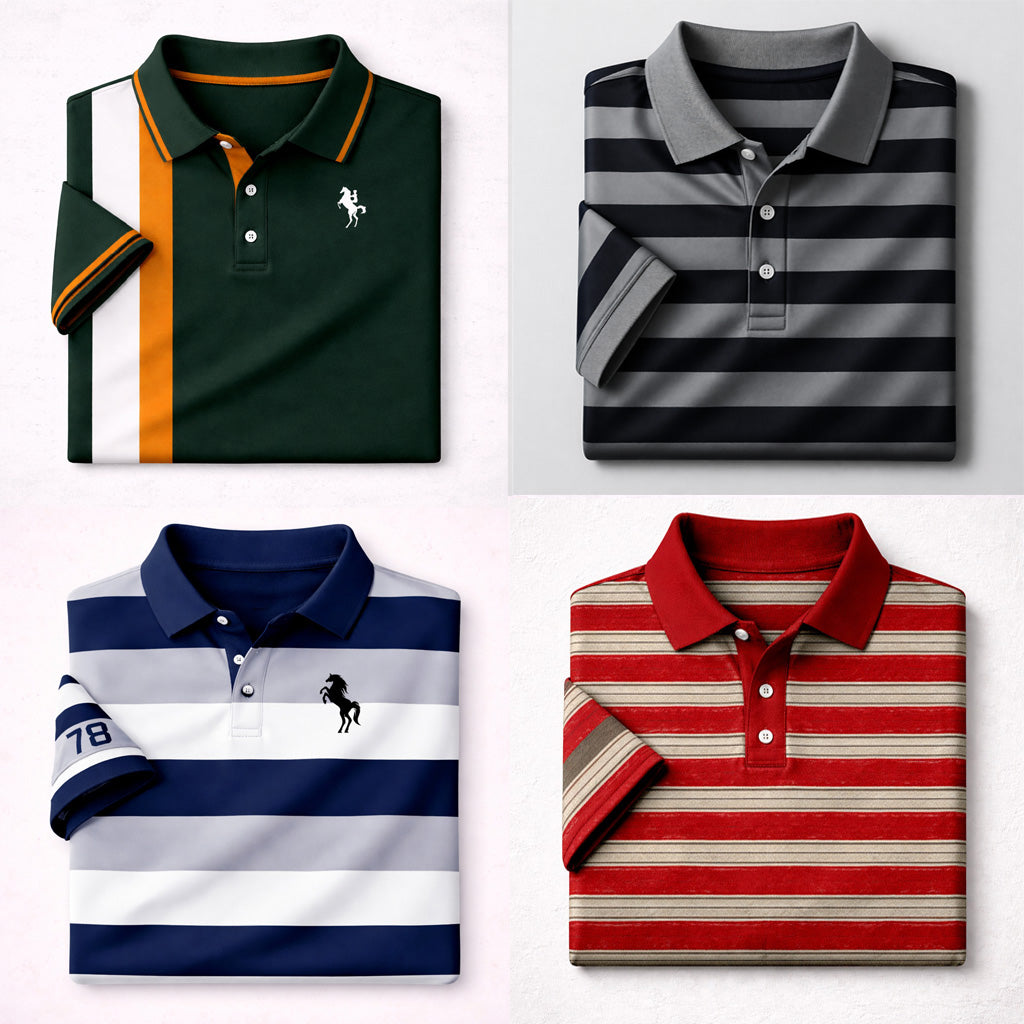 Bundle Of 4 Dry-Fit 3D Stripe Printed Style Half-Sleeve Polo Summer Tshirt's. MS3DP-02+07+14+19
