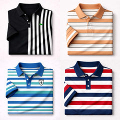 Bundle Of 4 Dry-Fit 3D Stripe Printed Style Half-Sleeve Polo Summer Tshirt's. MS3DP-04+09+16+18