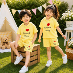 Yellow I Love D+M Kids Hooded Style 2-Pcs Summer Suit. (HOTS+SH)