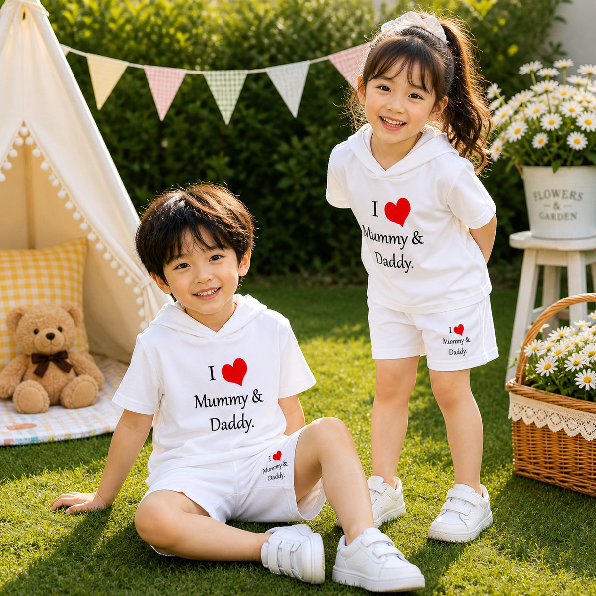 White I Love D+M Kids Hooded Style 2-Pcs Summer Suit. (HOTS+SH)