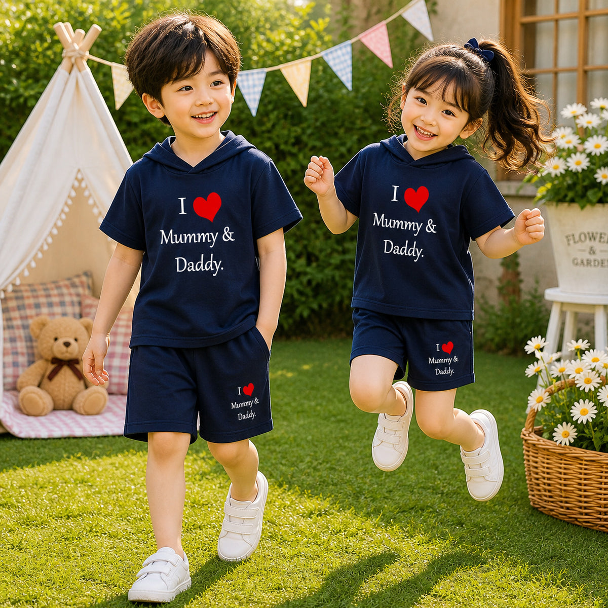Blue I Love D+M Kids Hooded Style 2-Pcs Summer Suit. (HOTS+SH)