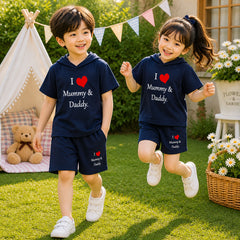 Blue I Love D+M Kids Hooded Style 2-Pcs Summer Suit. (HOTS+SH)