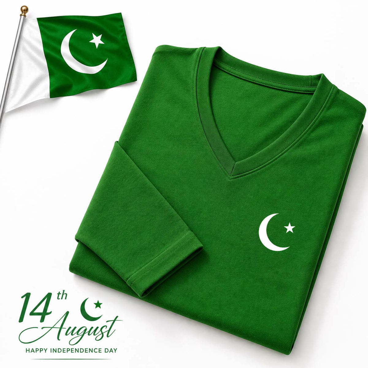 Green CT Logo Printed V-Neck Full Sleeve Azadi Tshirt.