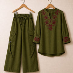 Cotton Embroidered Western Shirt & Cargo Style 2-Pcs Stiched Co-Ord Set. KML-05