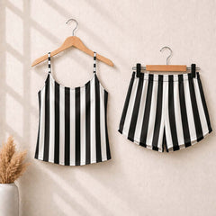 Black&White Stripe Printed Imported Cami Style 2-Pcs Cotton Nightsuit. (Camisole+Short)