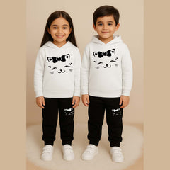 Cat-Bow Kids Printed Contrast Hoodie Style 2-Pcs Winter Tracksuit.