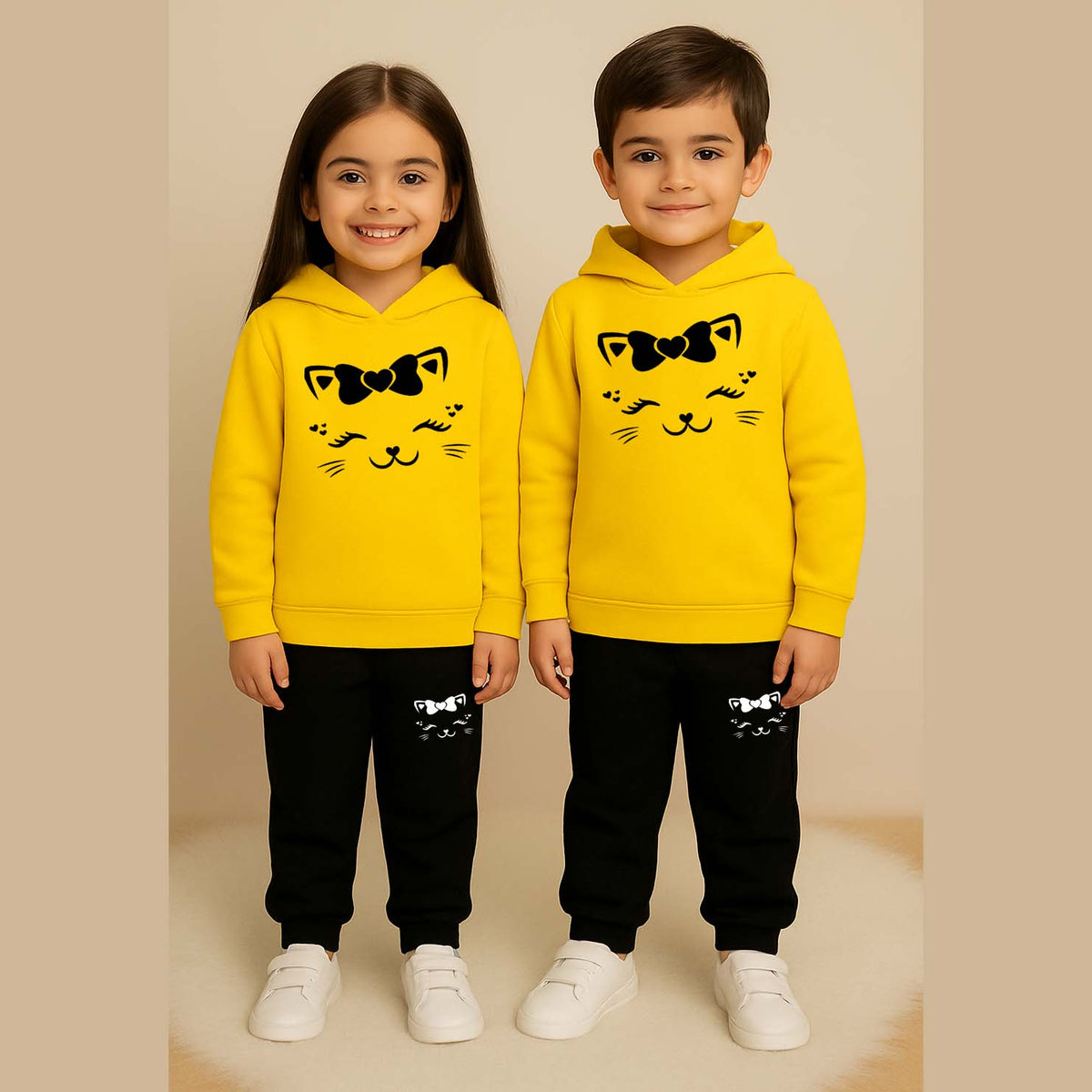 Cat-Bow Kids Printed Contrast Hoodie Style 2-Pcs Winter Tracksuit.