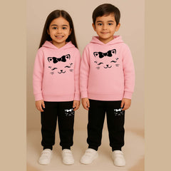 Cat-Bow Kids Printed Contrast Hoodie Style 2-Pcs Winter Tracksuit.