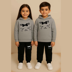 Cat-Bow Kids Printed Contrast Hoodie Style 2-Pcs Winter Tracksuit.