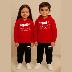 Cat-Bow Kids Printed Contrast Hoodie Style 2-Pcs Winter Tracksuit.