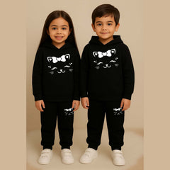 Cat-Bow Kids Printed Contrast Hoodie Style 2-Pcs Winter Tracksuit.