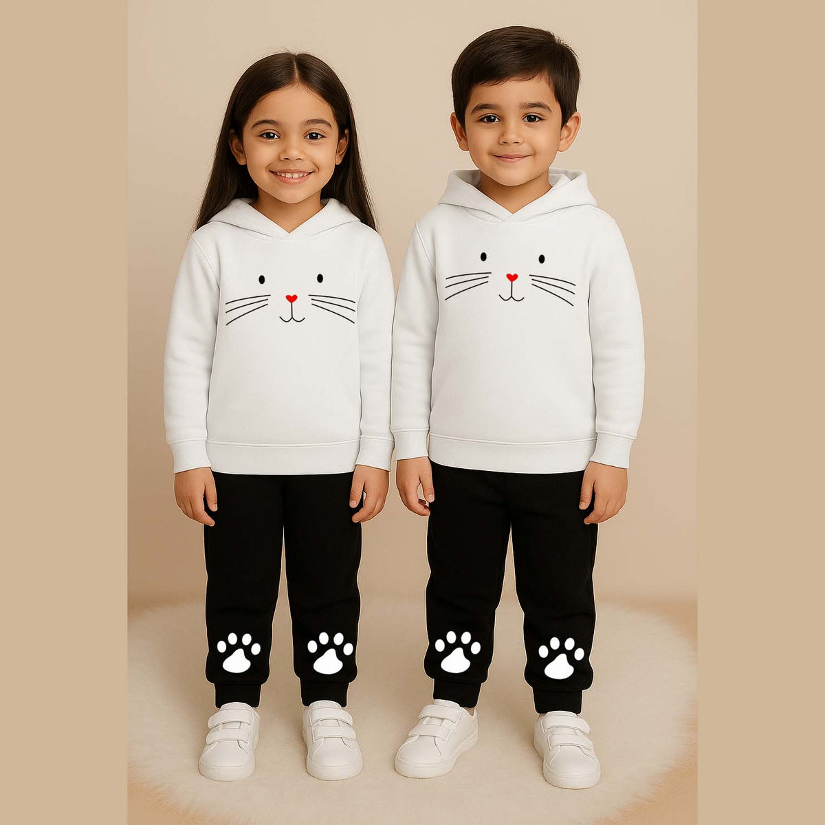 Cat-Foot Kids Printed Contrast Hoodie Style 2-Pcs Winter Tracksuit.