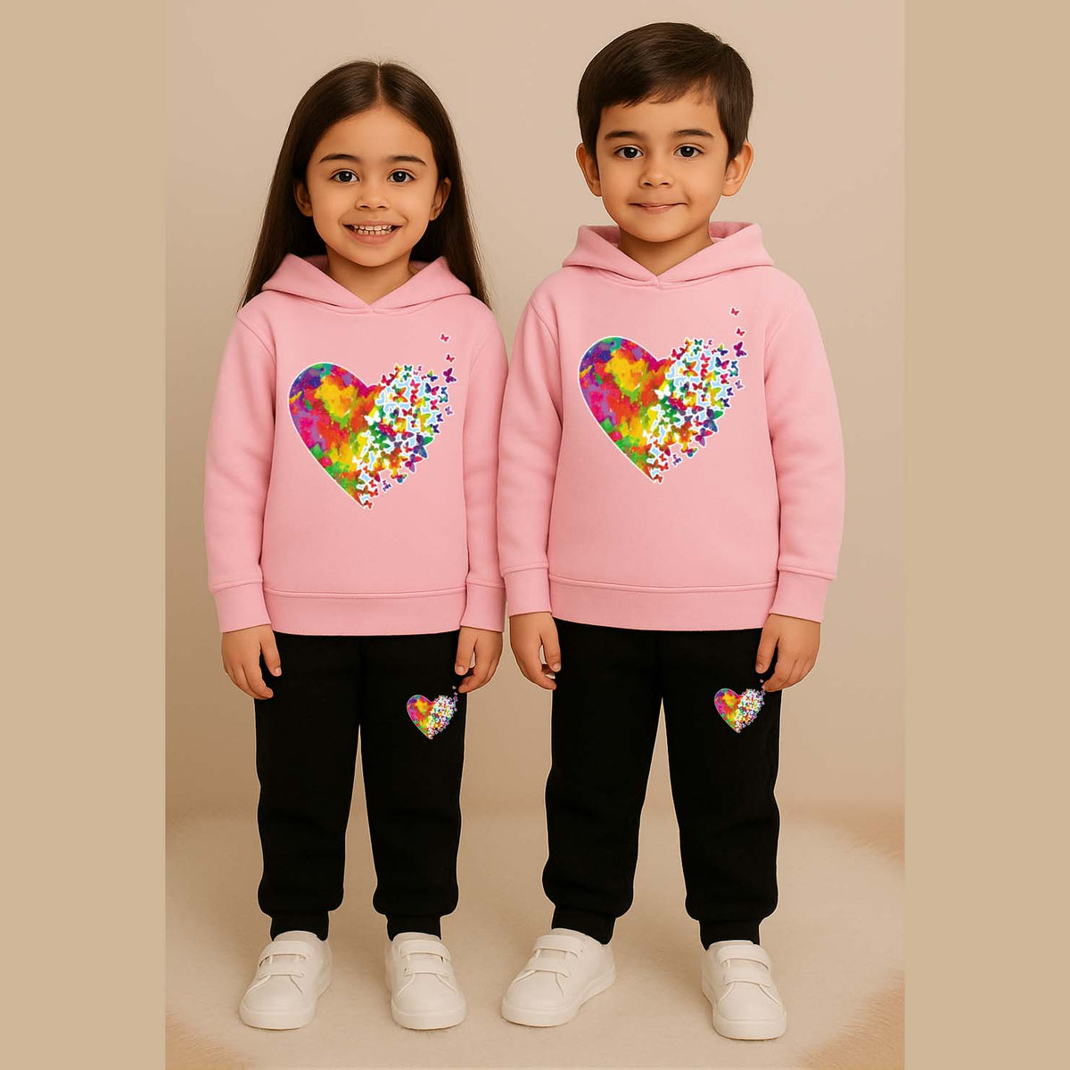 Multi-Heart Kids Printed Contrast Hoodie Style 2-Pcs Winter Tracksuit.
