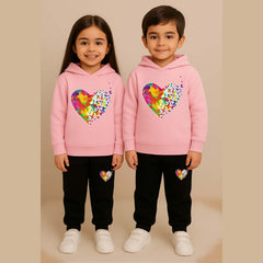 Multi-Heart Kids Printed Contrast Hoodie Style 2-Pcs Winter Tracksuit.