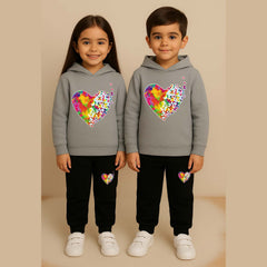 Multi-Heart Kids Printed Contrast Hoodie Style 2-Pcs Winter Tracksuit.
