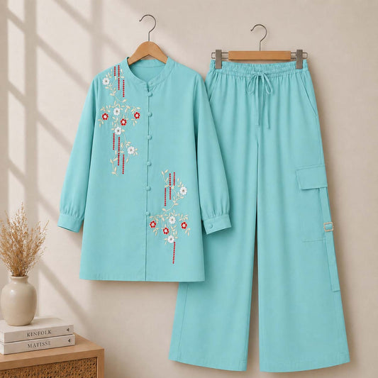 Cotton Embroidered Western Shirt & Cargo Style 2-Pcs Stiched Co-Ord Set. KML-03