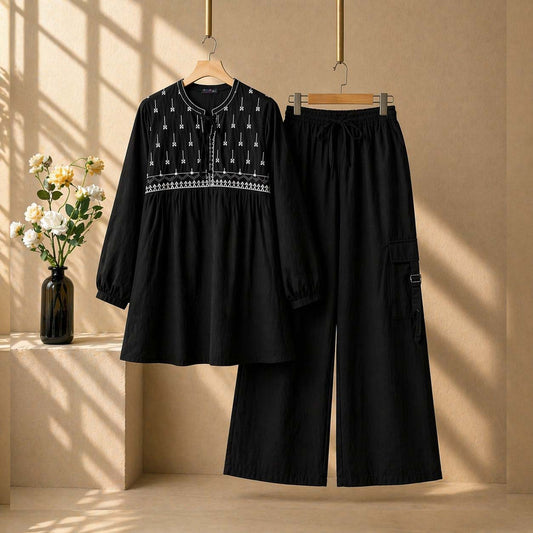 Cotton Embroidered Western Shirt & Cargo Style 2-Pcs Stiched Co-Ord Set. KML-04