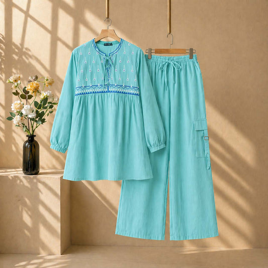 Cotton Embroidered Western Shirt & Cargo Style 2-Pcs Stiched Co-Ord Set. KML-04