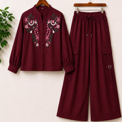 Cotton Embroidered Western Shirt & Cargo Style 2-Pcs Stiched Co-Ord Set. KML-10