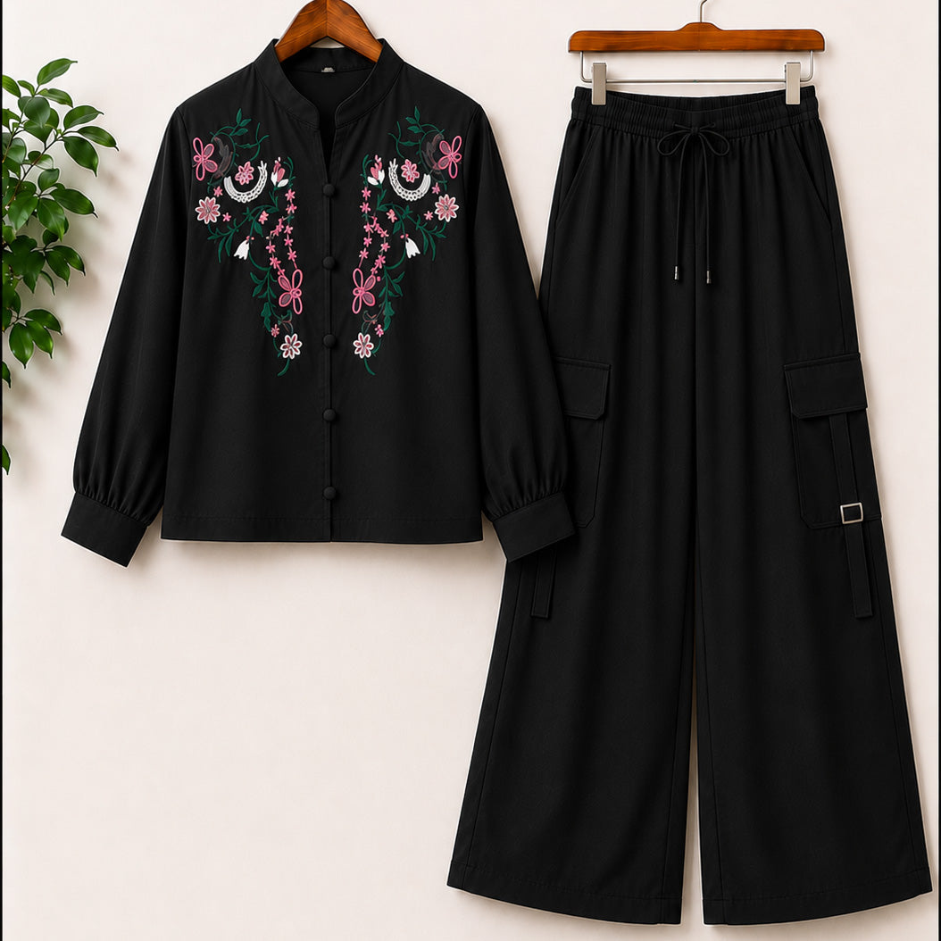 Cotton Embroidered Western Shirt & Cargo Style 2-Pcs Stiched Co-Ord Set. KML-10