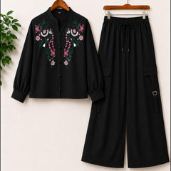 Cotton Embroidered Western Shirt & Cargo Style 2-Pcs Stiched Co-Ord Set. KML-10