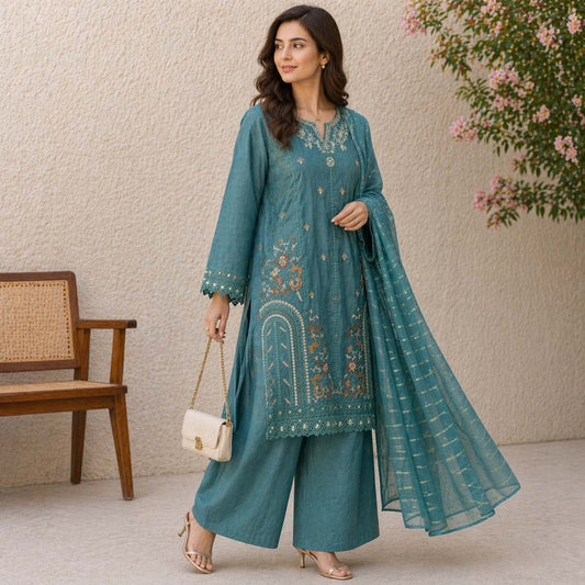 Sea-Green Elegant Teal Embroidered 3-Piece Suit. KML-101