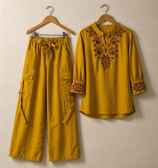 Cotton Embroidered Western Shirt & Cargo Style 2-Pcs Stiched Co-Ord Set. KML-05