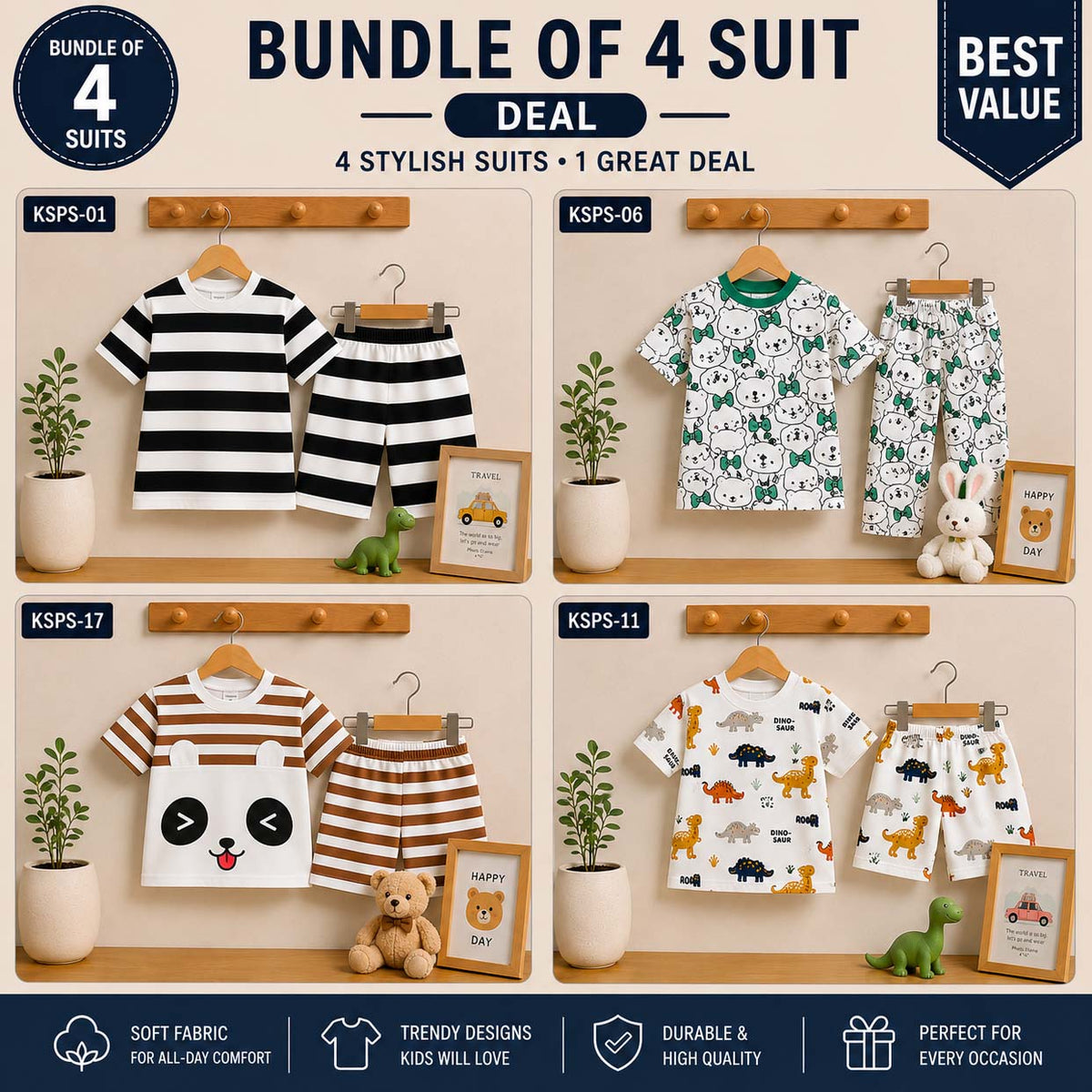 Bundle Of 4 Kids Funky Printed 2-Pcs Summer Suit. KSPS-01-06-11-17