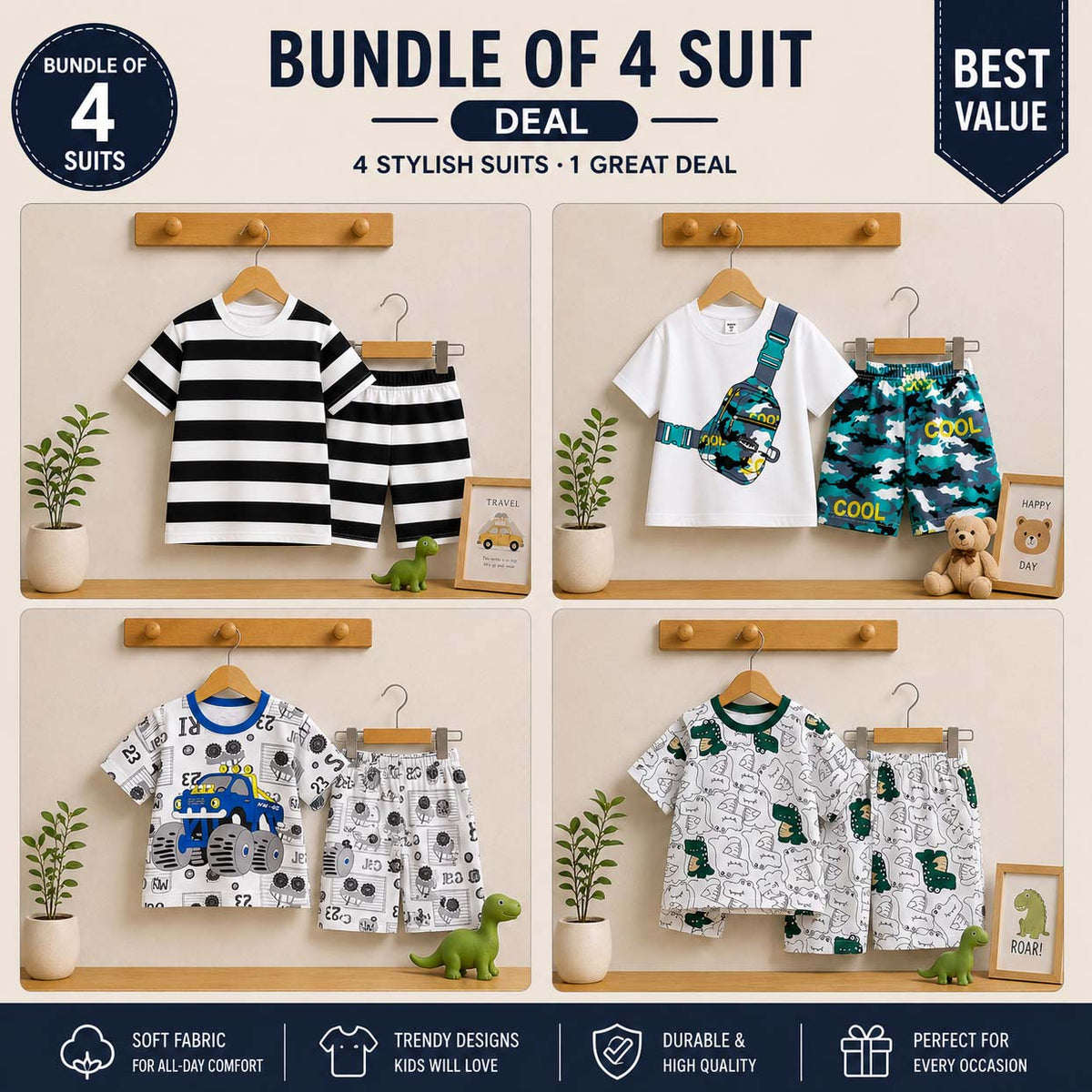 Bundle Of 4 Kids Funky Printed 2-Pcs Summer Suit. KSPS-01-02-09-18