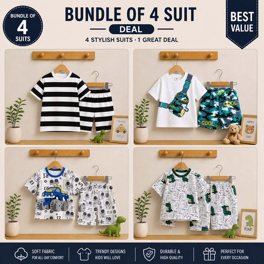 Bundle Of 4 Kids Funky Printed 2-Pcs Summer Suit. KSPS-01-02-09-18