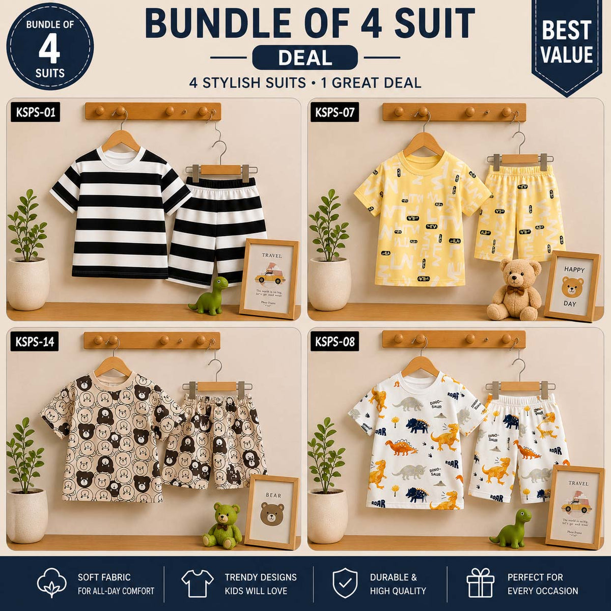 Bundle Of 4 Kids Funky Printed 2-Pcs Summer Suit. KSPS-01-08-10-14