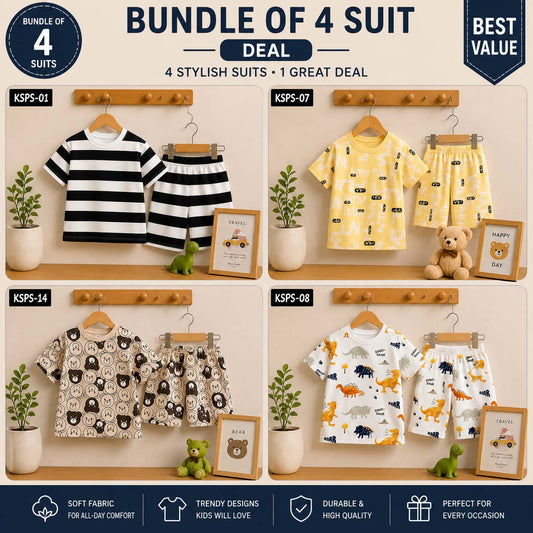 Bundle Of 4 Kids Funky Printed 2-Pcs Summer Suit. KSPS-01-08-10-14