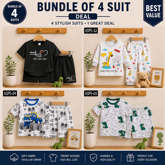 Bundle Of 4 Kids Funky Printed 2-Pcs Summer Suit. KSPS-02-09-12-Black-HTS