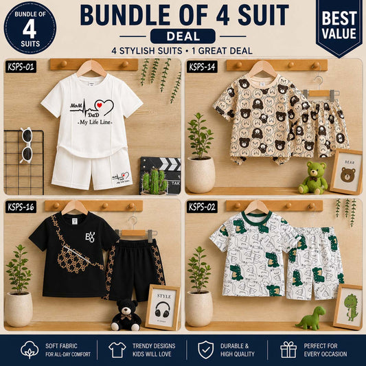 Bundle Of 4 Kids Funky Printed 2-Pcs Summer Suit. KSPS-02-14-16-White-HTS