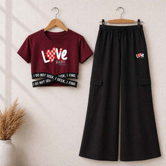 Maroon Love Printed Crop-Top Elastic Waisted & Cargo Trouser Style 2-Pcs Summer Tracksuit. D-2.3