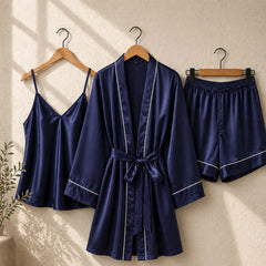 Imported Gown Style 3-Pcs Silk Nightsuit. (Gown-Inner-Short)