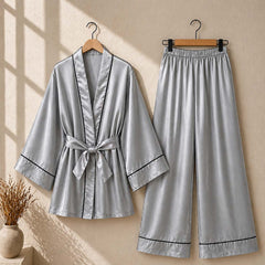 Imported Tipping-Gown Style 2-Pcs Silk Nightsuit. (Gown-Pajama)