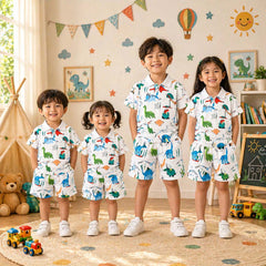 Multi-Colour Dino Style All-Over 3D Printed 2-Pcs Summer Suit For Kids. D-11