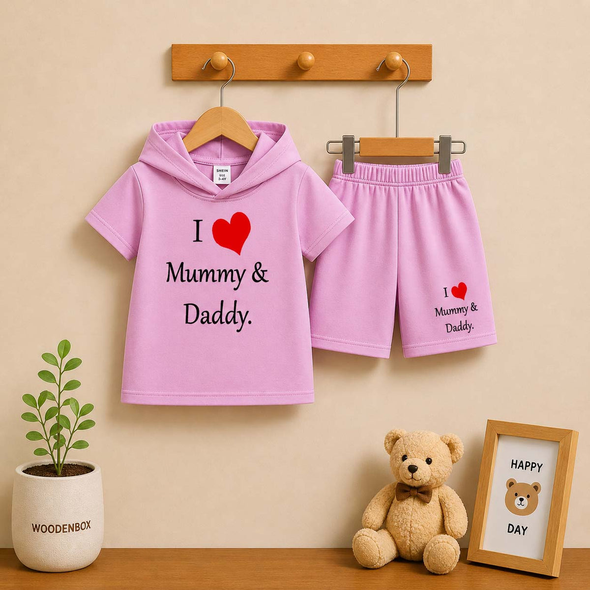 I Love D+M Kids Hooded Style 2-Pcs Summer Suit. (HOTS+SH)