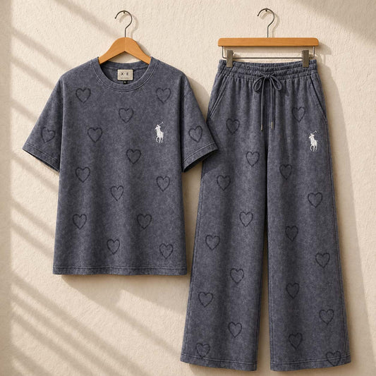 Heart Textured Horse Logo Printed Style Western 2-Pcs Summer Tracksuit For Her. WSTS-08 V2