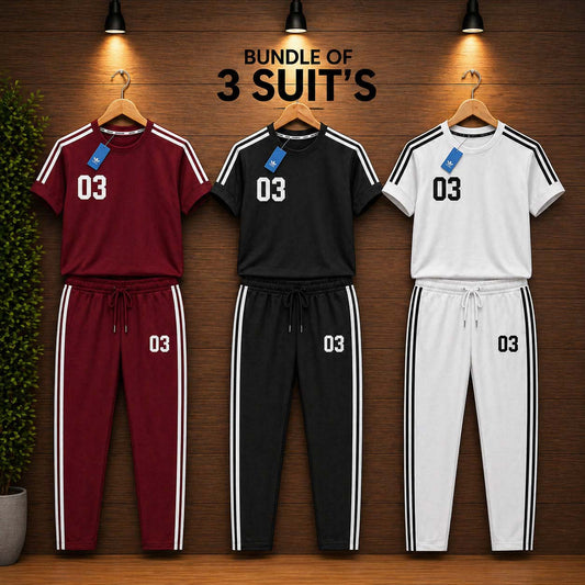Contrast Stripes Bundle Of 3 Casual Wear 2-Pcs Summer Suit. Deal-03 (Clearance-Sale)