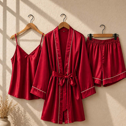 Imported Gown Style 3-Pcs Silk Nightsuit. (Gown-Inner-Short)