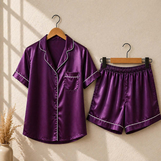 Imported Regular Style 2-Pcs Silk Nightsuit. (H-Sleeve+Short)