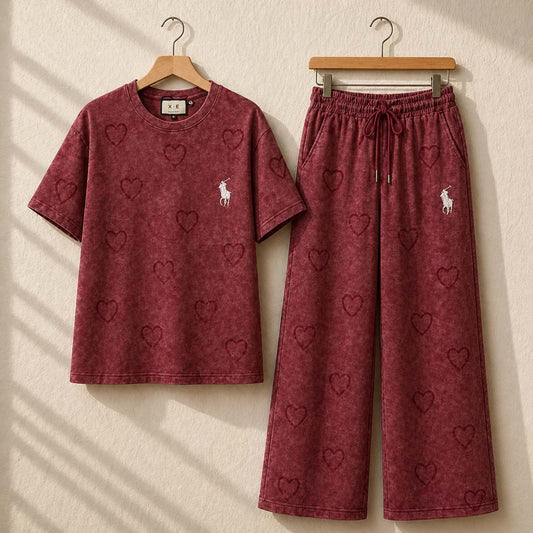 Heart Textured Horse Logo Printed Style Western 2-Pcs Summer Tracksuit For Her. WSTS-08 V2