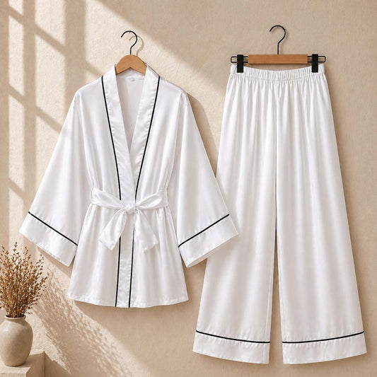 Imported Tipping-Gown Style 2-Pcs Silk Nightsuit. (Gown-Pajama)