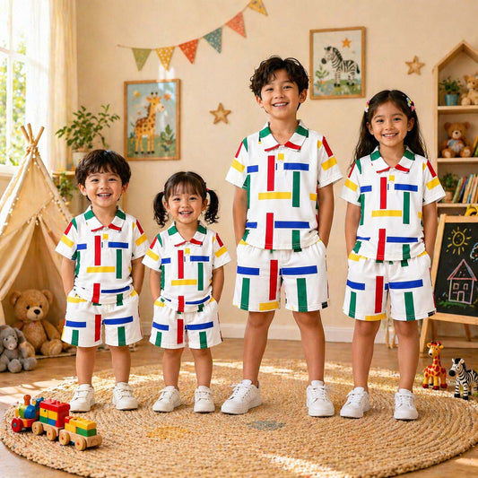Multi-Lining Polo Style All-Over 3D Printed 2-Pcs Summer Suit For Kids. D-1
