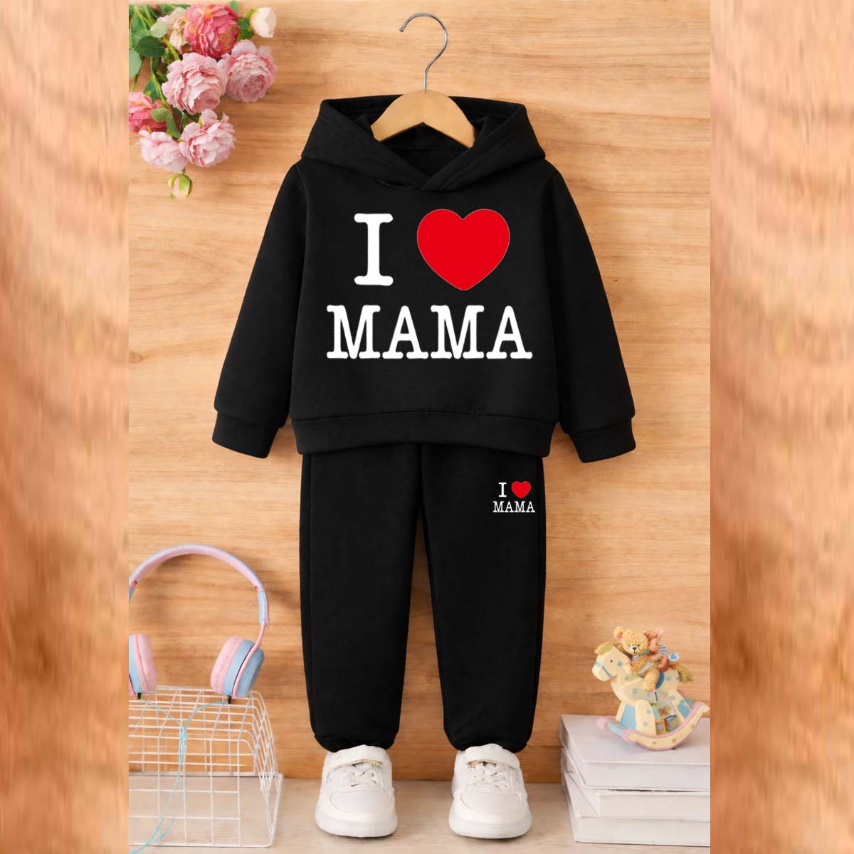 I Love MAMA Kids Hoodie Style 2-Pcs Winter Tracksuit. KWTS-01